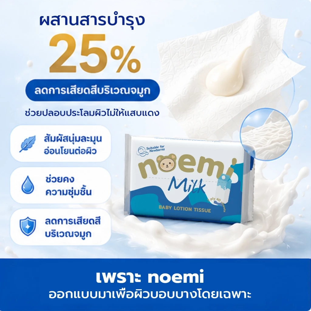[5ห่อ] Noemi ทิชชู่เช็ดหน้าผสมโลชั่น ขนาดพกพา สำหรับเด็กทารก มีสกินแคร์บำรุงผิว ชนิดนุ่มพิเศษ หนา3ชั้น (40แผ่นดึง/ห่อ) thumbnail 5