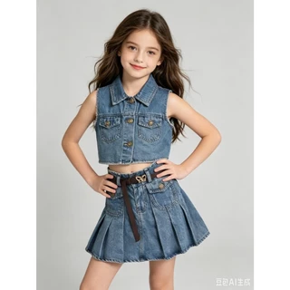 BB352 เซตเสื้อเวสต์คอปกผ้ายีนส์+กระโปรงพลีทเด็กผู้หญิง ผ้าคุณภาพนุ่ม ใส่สบาย อายุ 2-12 ปี