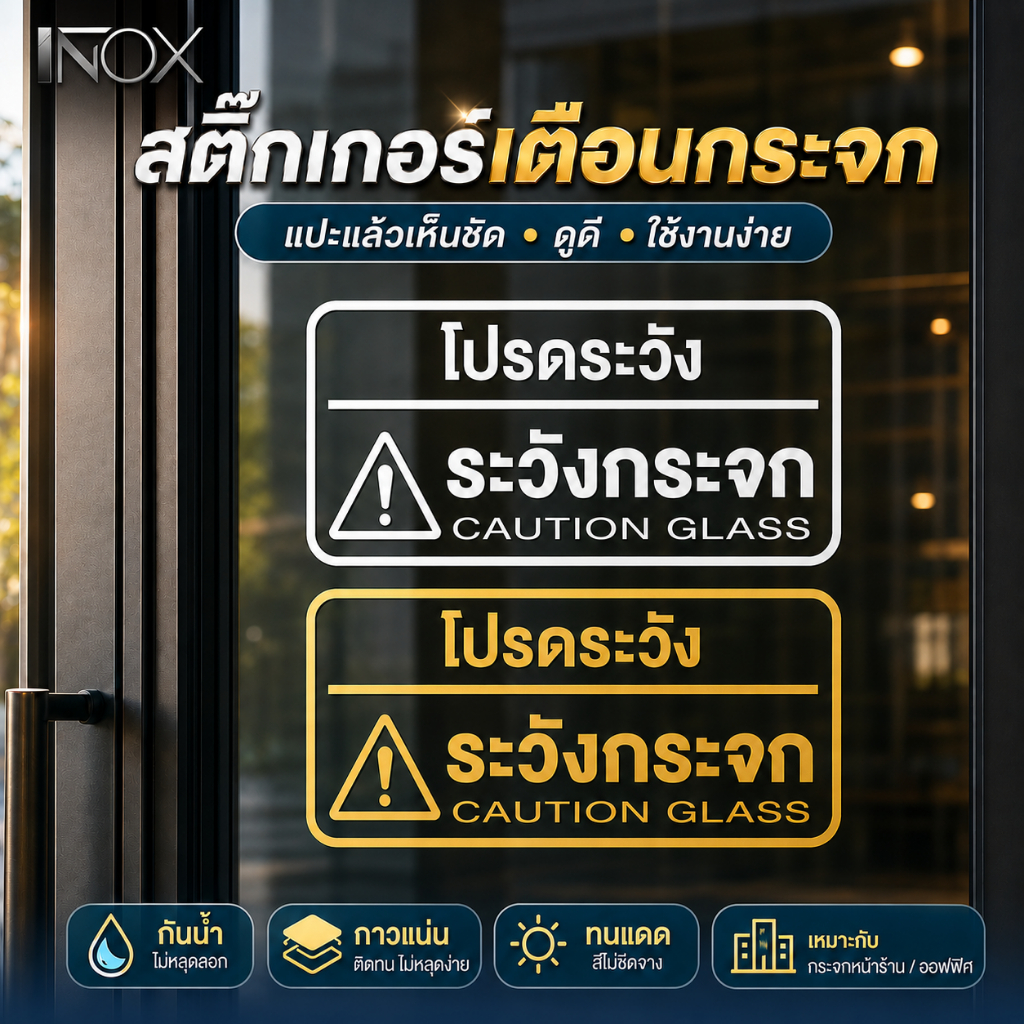 ป้ายระวังกระจก พิมพ์PVC คุณภาพสูง ใช้ติดภายใน-ภายนอกอาคาร ติดตั้งง่าย ทนแดด ทนฝน ไม่ลอก ไม่ซีดจาง