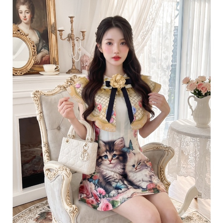 (Limited มี2XL) Renira Gold Dress เดรสทรงปล่อยวินเทจผ้าไหมเกาหลีพิมพ์ลาย ปกใหญ่สองเลเยอร์ มีเชือกข้างเอว ซิปหลังมีซับใน