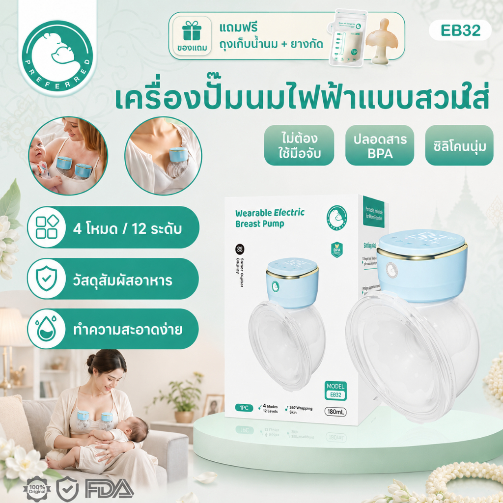 Preferred เครื่องปั๊มนมไฟฟ้า แฮนด์ฟรี 180ml 4โหมด 12ระดับ เสียงเบา กันรั่ว แถมถุงเก็บน้ำนม EB28/EB28 Plus