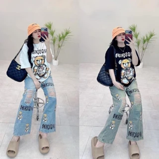 GN พร้อมส่ง งาน2 ชิ้นเสื้อคอกลมแขนสั้นปักโลโก้ตรงอกคู่กับกางเกงขายาวผ้าเกล็ดปลาสกรีนลายเข้าชุดกันผ้านุ่มใส่สบาย