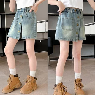 BEAR BABY พร้อมส่งจากไทย กางเกงขาสั้นสไตล์เกาหลีสำหรับเด็กผู้หญิง กางเกงกระโปรงยีนส์ ทรงสวย แมทช์ง่าย เอวยางยืด