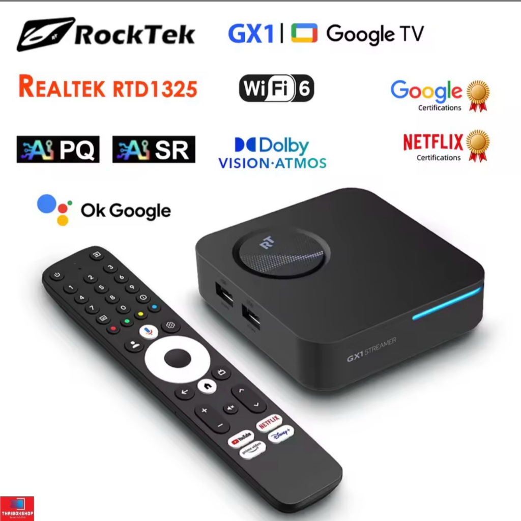 Rocktek GX1 Google TV14 Box Google Certified Ram4 Rom32 Dual Wifi6 4K Streaming Smart Tv box
