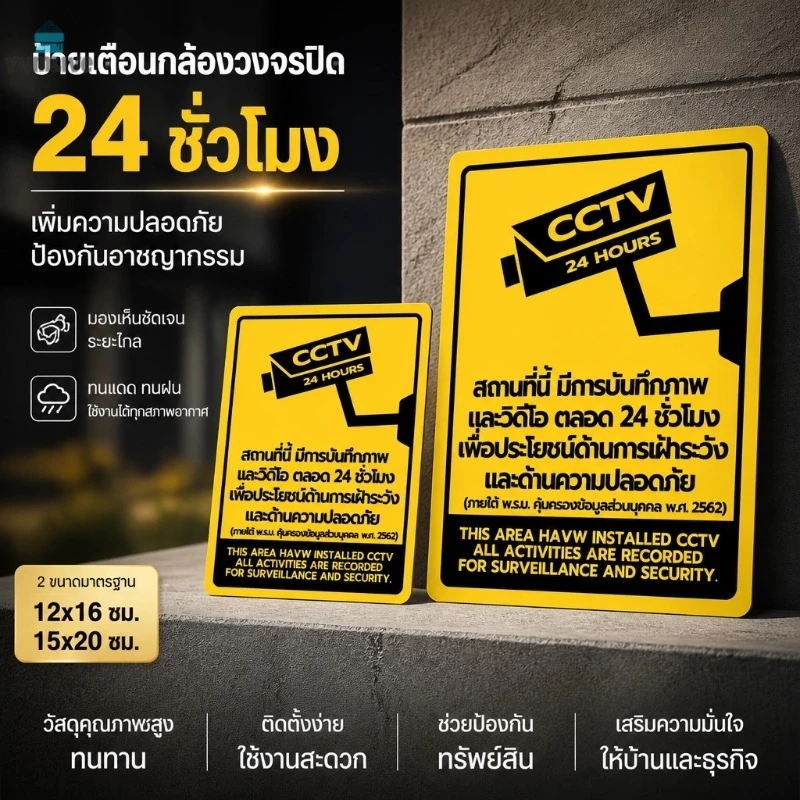 สติกเกอร์ป้ายเตือนCCTV 24ชั่วโมง กันน้ำกันแดด ทนทาน3ปี มี2ขนาด 12x16 /15x20 ซม. ภาษาไทย+อังกฤษ