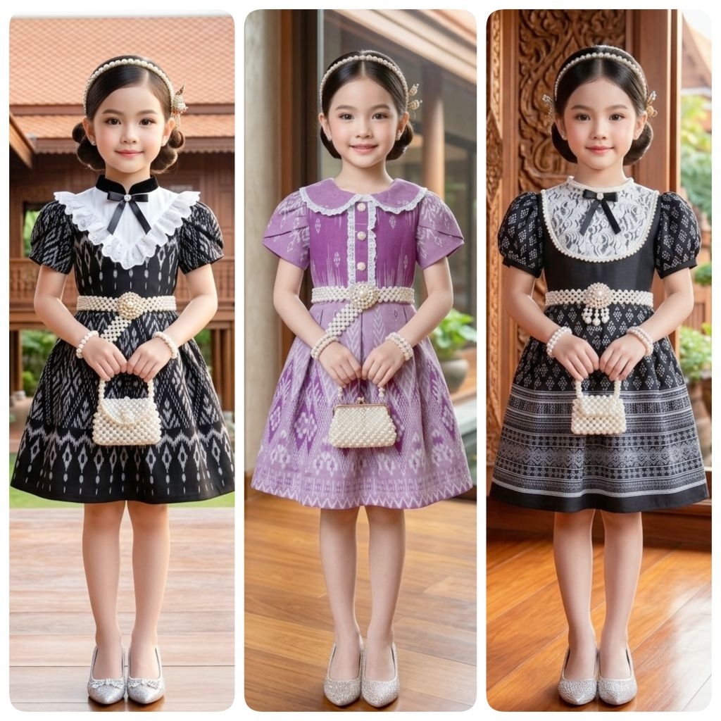ชุดไทยเด็ก รุ่นมินิเดรสลูกสาว งานผ้าฝ้ายพิมพ์ลาย