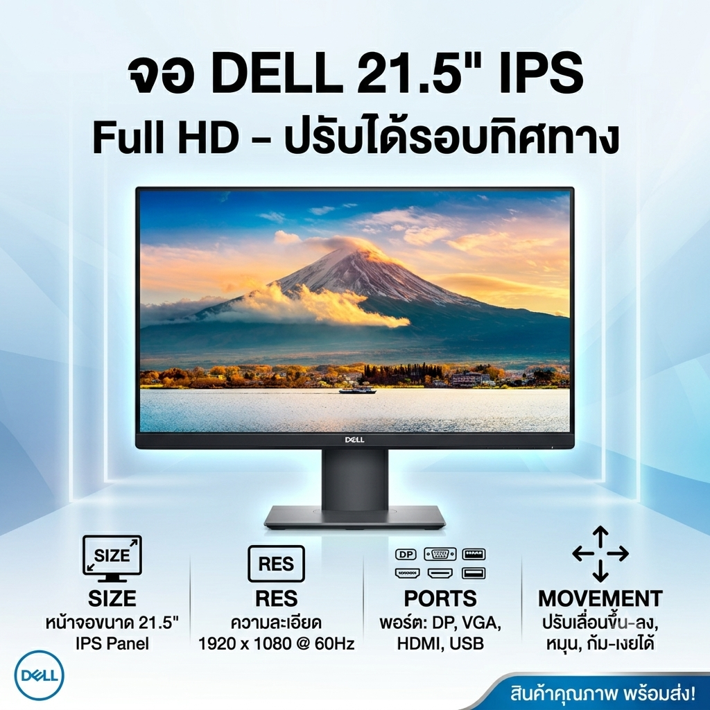 MONITOR DELL P2219H LED (IPS) FULL HD 22" ขอบจอบาง (หมุนได้) ปรับขึ้น-ลงได้