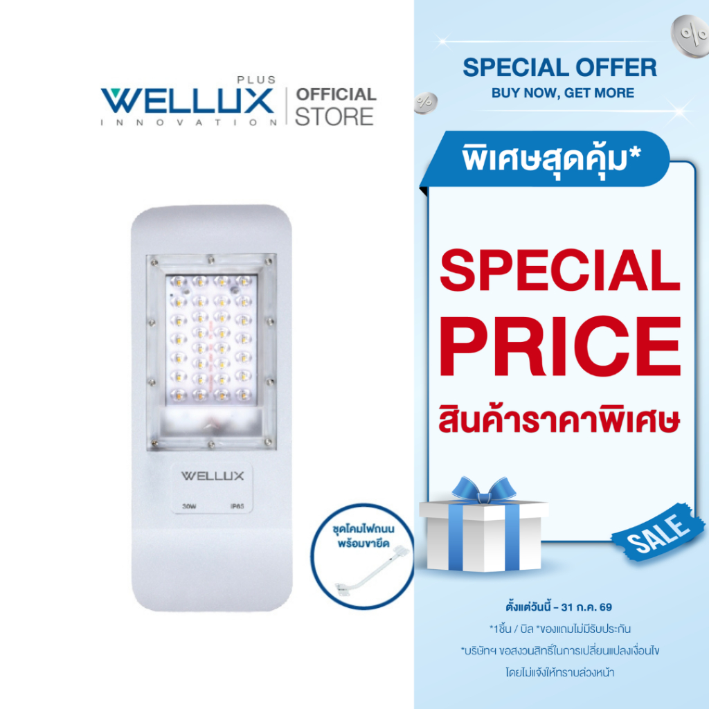 [Clearance]WELLUX โคมไฟถนน 30W แสงขาว พร้อมกิ่งขาและอุปกรณ์ติดตั้งครบชุด LED STREET LIGHT