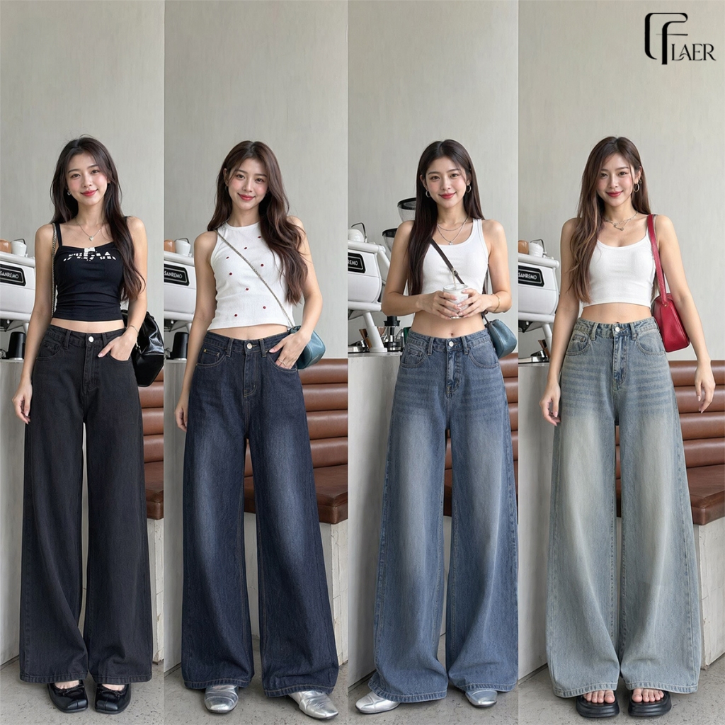 FLAER J01-7# กางเกงยีนส์ขากระบอกใหญ่เอวสูงสีเทา ผ้าดี ปลายขากว้าง กางเกงทรงหลวม Clothing Women ผู้หญิง เสื้อผ้า