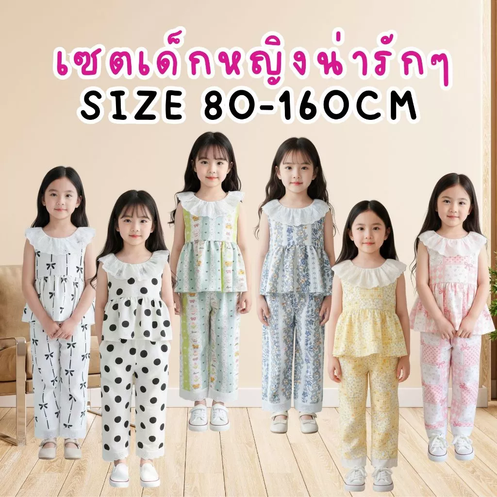 MooDeng Baby ชุดเสื้อ เสื้อแขนกุด+ กางเกงขายาว สไตล์เกาหลี ใหม่ สำหรับเด็กหญิง ชุดฤดูร้อน 80CM-160CM