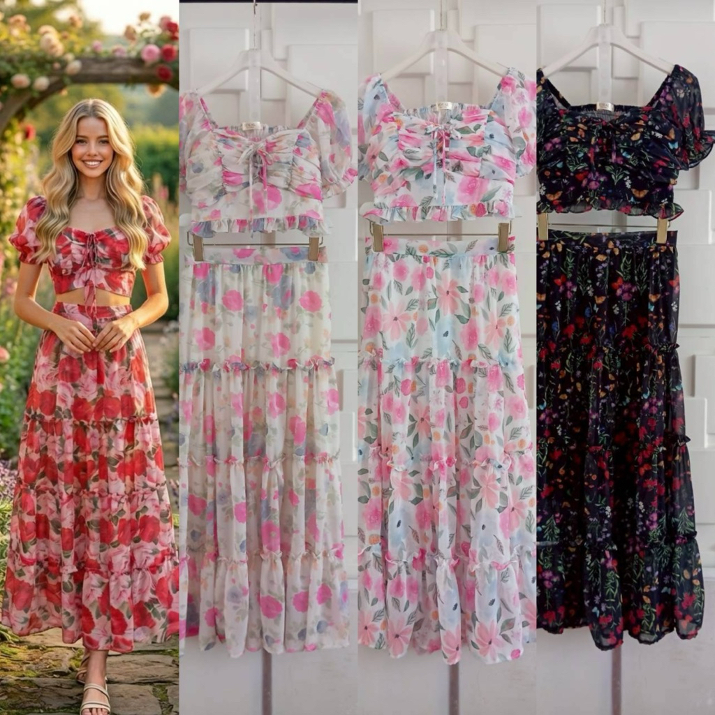 N15⭐️💐ชุดเซทกระโปรง เสื้อครอปแขนตุ๊กตาผูกอก+กระโปรงยาว ใส่เที่ยวทะเล เที่ยวเขา ใส่งานแต่ง งานบวช