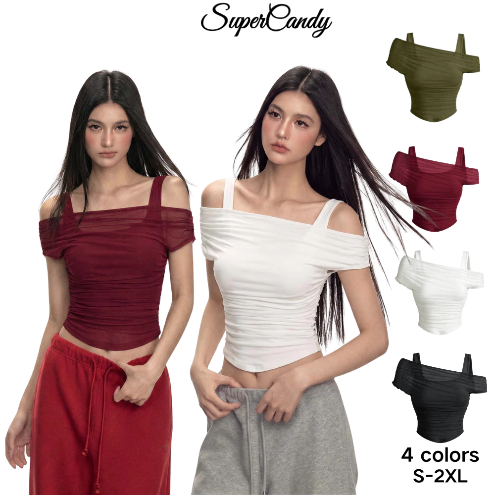 SuperCandy🌷เสื้อสั้นปาดไหล่ลุคสวยหรู ผ้าตาข่ายต่อผ้า กระชับรูปร่าง สไตล์สไปซี่ฤดูร้อน 2026
