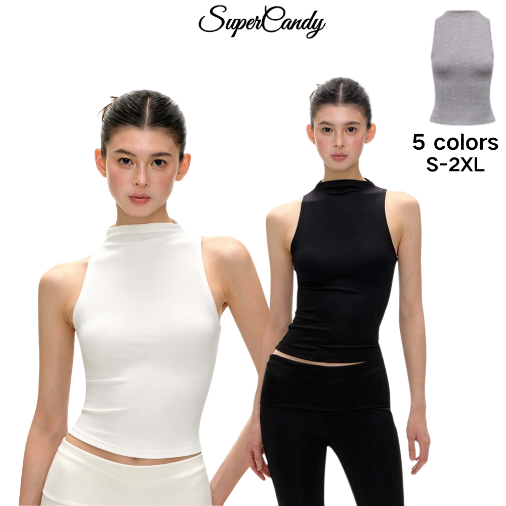SuperCandy🌷เสื้อกล้ามไร้แขนคอกึ่งสูง สำหรับผู้หญิง ผ้ายืดกระชับรูปร่าง ซ่อนไขมัน เหมาะใส่เป็นเสื้อชั้นใน