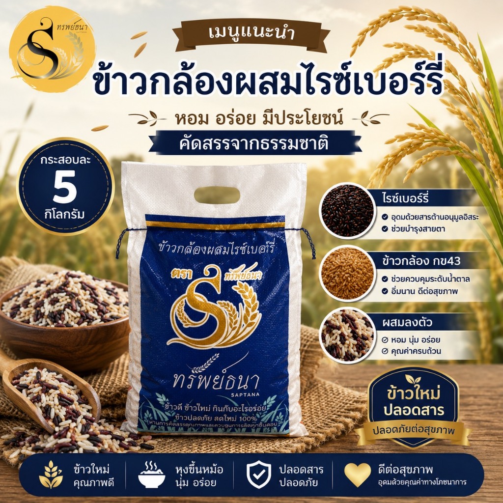 ข้าวกล้องผสมไรซ์เบอร์รี่ กระสอบ 5 กิโลกรัม อร่อย คุ้มค่าเต็มกระสอบ