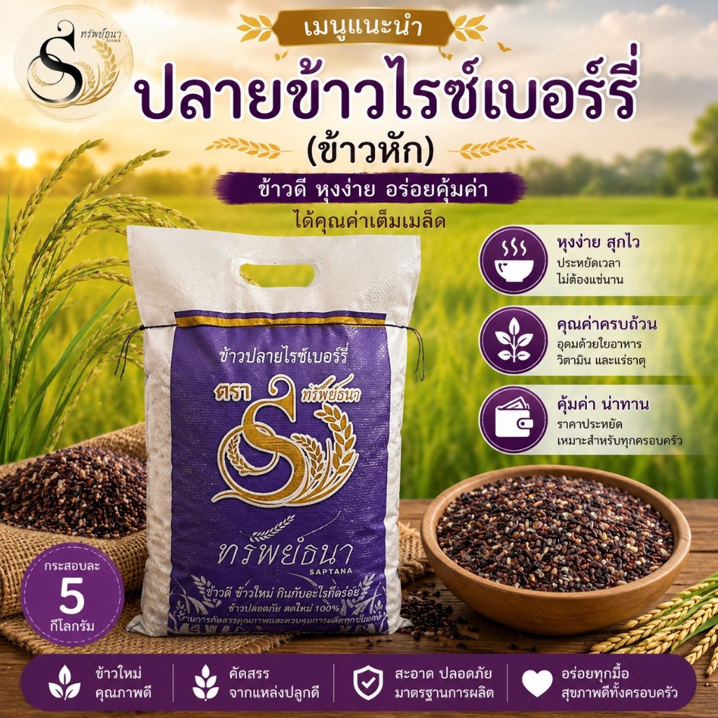 ข้าวปลายไรซ์เบอร์รี่ กระสอบ 5 กิโลกรัม ทนทาน เก็บรักษาความสดใหม่ได้ดี