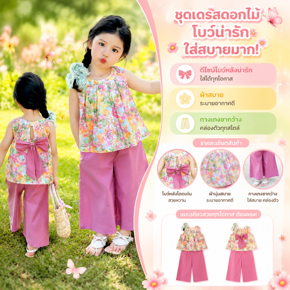 ชุดลายดอกไม้เด็กผู้หญิง เสื้อ+ กางเกงขาบานสีพื้น ชุดเซ็ต 2 ชิ้น น่ารักสดใส