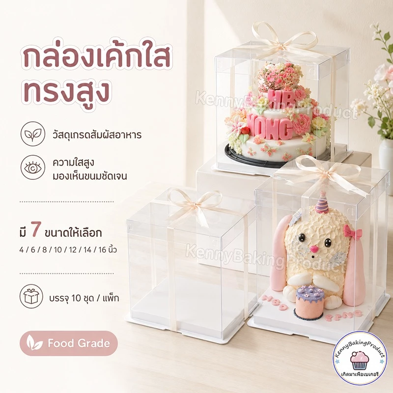 🌈ส่งฟรี🌈 กล่องเค้กใสทรงสูง 10 ชุด/แพ็ค ฝาใส ฐานสีขาว (ไม่รวมรีบบิ้น) กล่องเค้ก กล่องตุ๊กตา กล่องเค้กบาร์บี้ กล่องเค้กใส