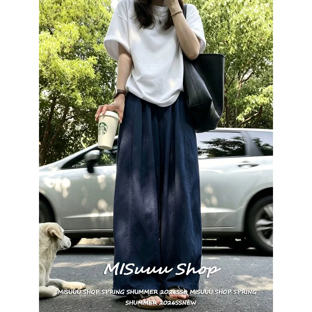 [Misuuu-Linen Quick Dry Fabric Trousers]กางเกงขากว้างผ้าฝ้ายลินินลำลองบางทรงผ่อนคลายเอวสูงช่วยดูผอมสไตล์โอลด์มันนี่
