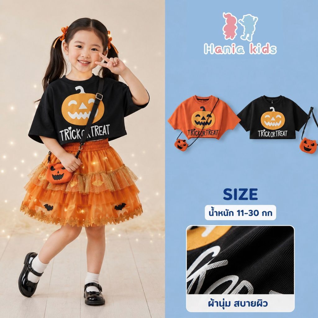 Hania kids พร้อมส่ง เสื้อฮาโลวีนแฟชั่นเด็กผู้หญิง ลายฟักทองยิ้ม แถมกระเป๋าสุดคิวท์ มีให้เลือก 2 สี - K4135243