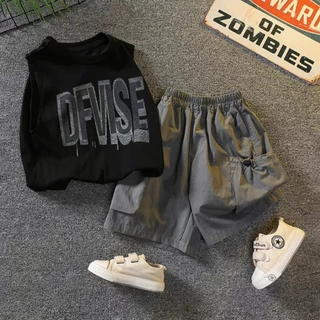 BEAR BABY ชุดเด็กผู้ชายสไตล์เกาหลี เสื้อกล้าม+กางเกงขาสั้น ลายอักษรแฟชั่น เนื้อผ้านุ่ม เย็นสบาย ไซส์90-150