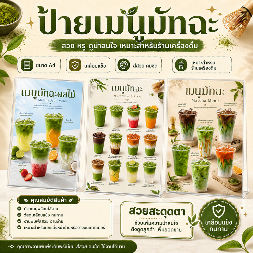 ป้ายเมนูมัทฉะ A4 เคลือบใสแข็ง ป้ายเมนูสำเร็จรูป