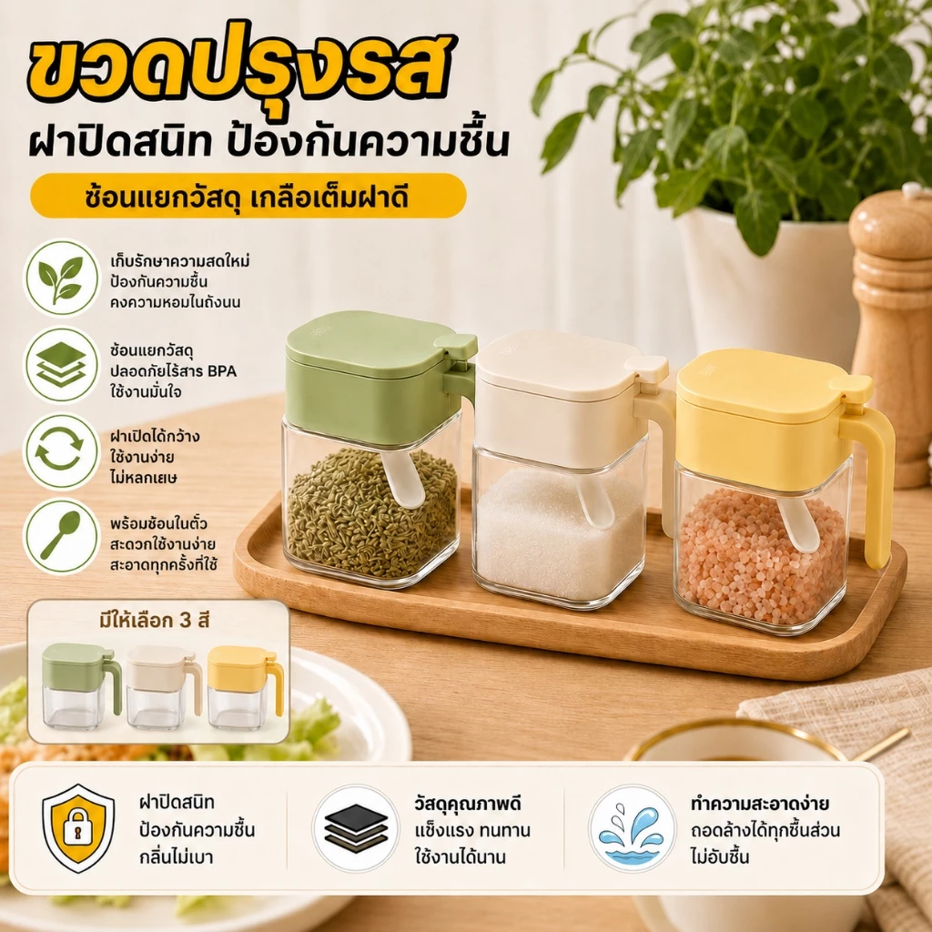 【พร้อมส่ง】กระปุกใส่เครื่องปรุง โถแก้วปรุงรส ฝาปิดสนิท กันความชื้น สำหรับใส่เกลือ ผงชูรส เครื่องเทศ 360ML