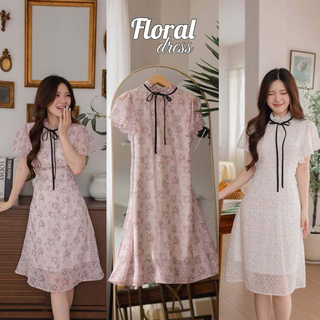 Floral dress สีสันสดใส ผ้าTexure