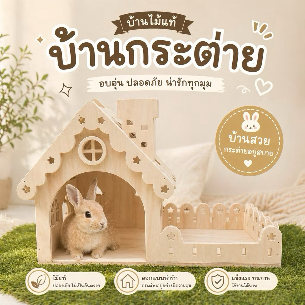 บ้านกระต่ายไม้ บ้านปล่องไฟมีระเบียง บ้านกระต่าย บ้านไม้สัตว์เลี้ยง ขนาดเล็ก