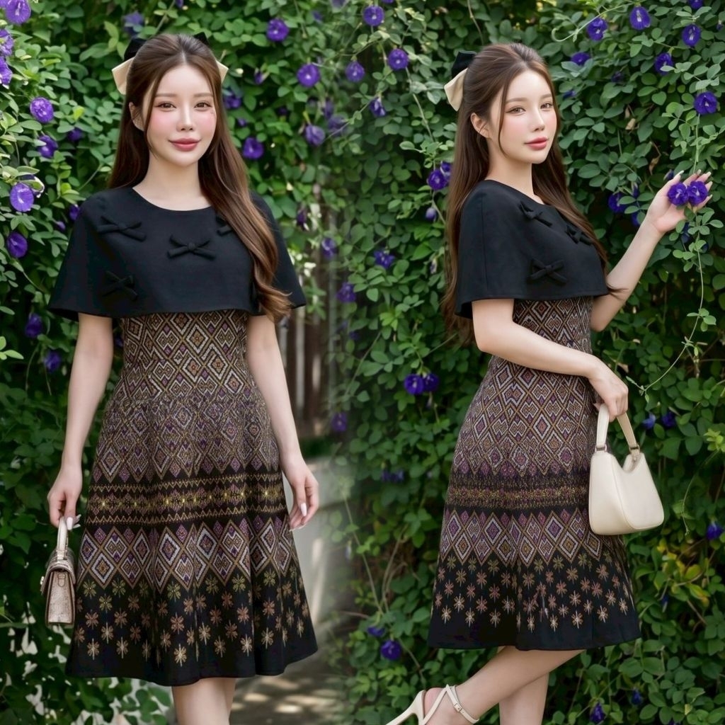 เดรสผ้าฝ้ายหมักโคลน เนื้อนิ่ม  ใส่สบาย สีไม่ตก  พิมพ์ลาย