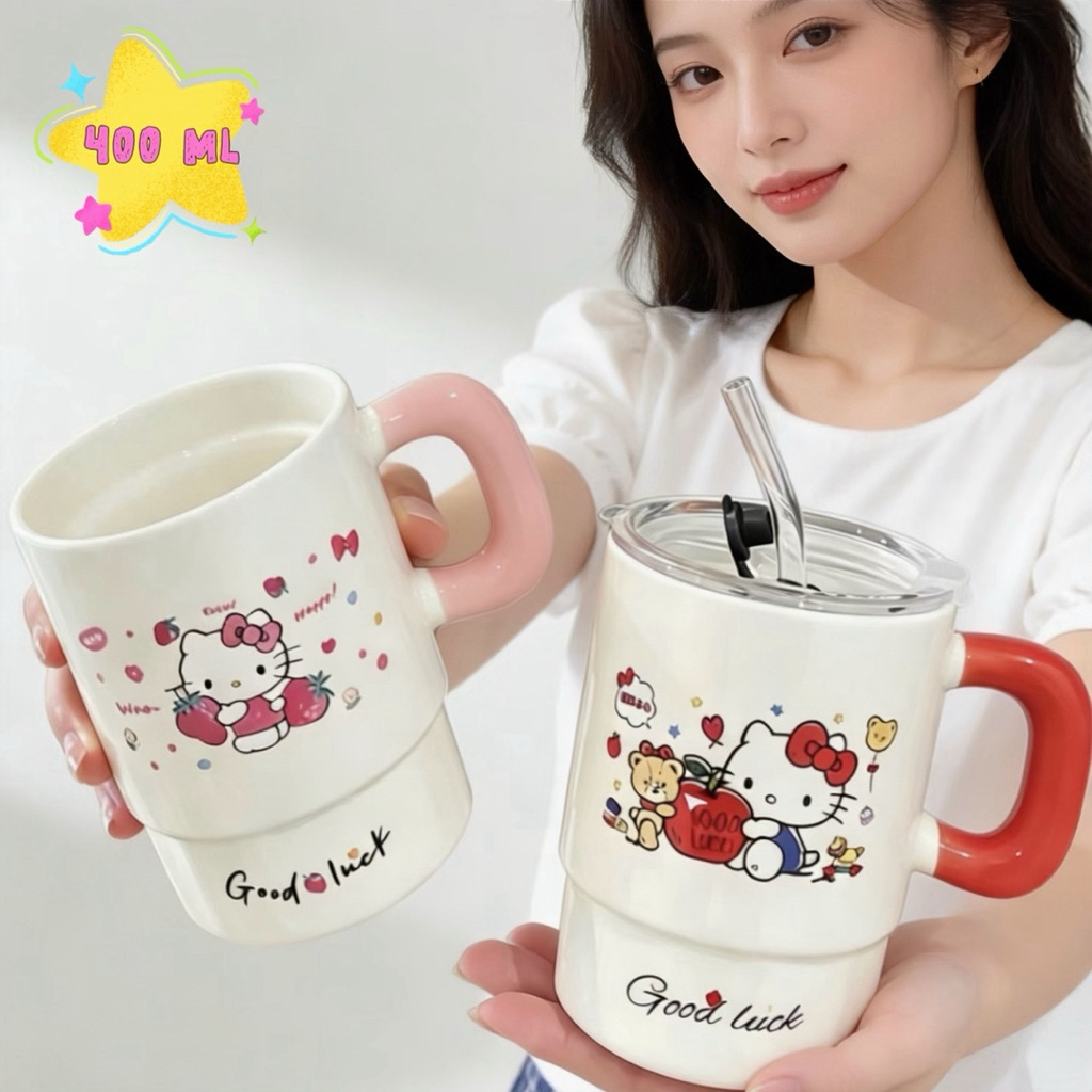 แก้วน้ำ เซรามิค คิตตี้ มีหลอดและฝา แก้วเก็บความเย็น 400 มล ทนทาน แก้วน่ารัก ลายการ์ตูน พร้อมส่ง