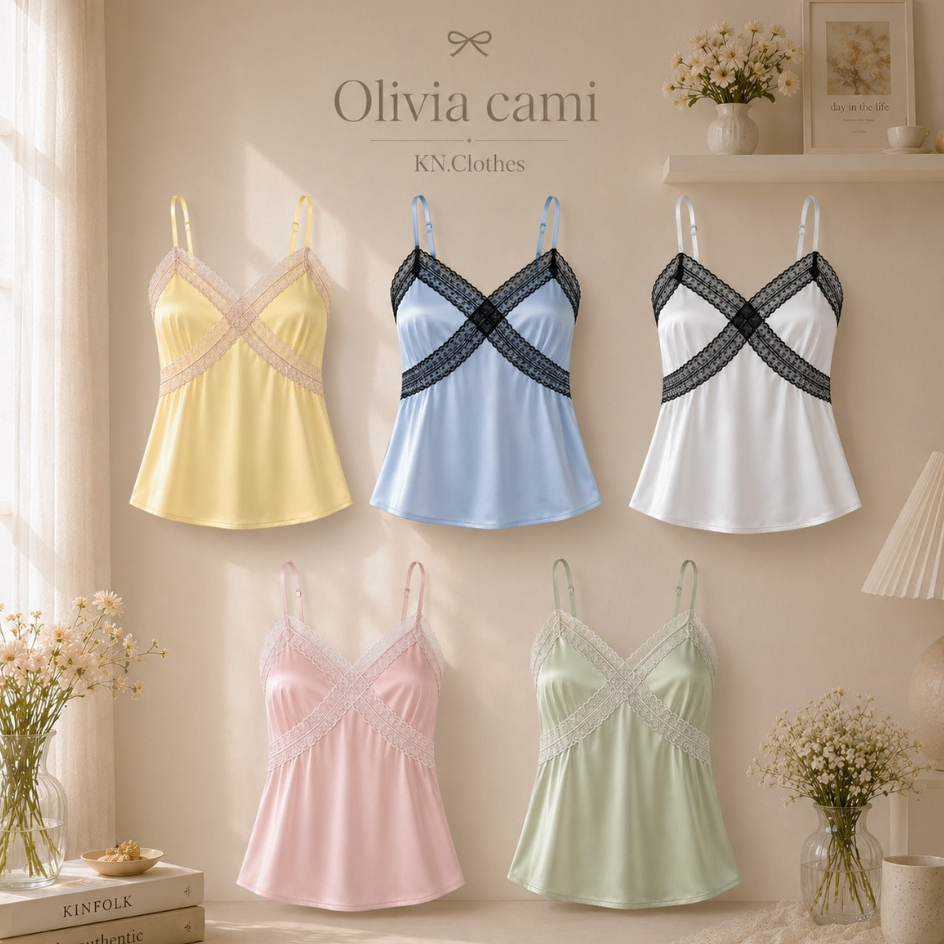 Olivia cami เสื้อสายเดี่ยว ผ้าซาติน เย็บลูกไม้ไขว้หน้าอก สายปรับได้ ยางยืดด้านหลัง KN.Clothes