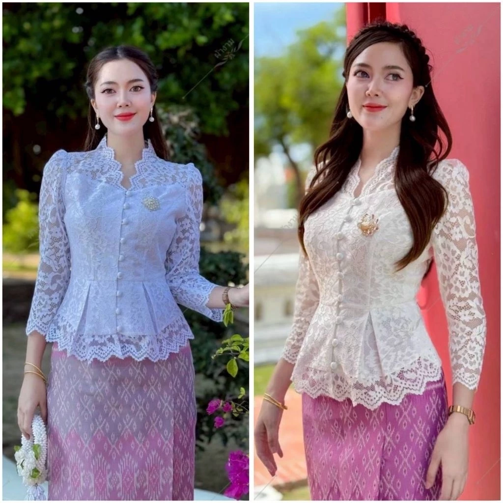 เสื้อลูกไม้คอระบายกระดุมหน้าแต่งระบายล่าง