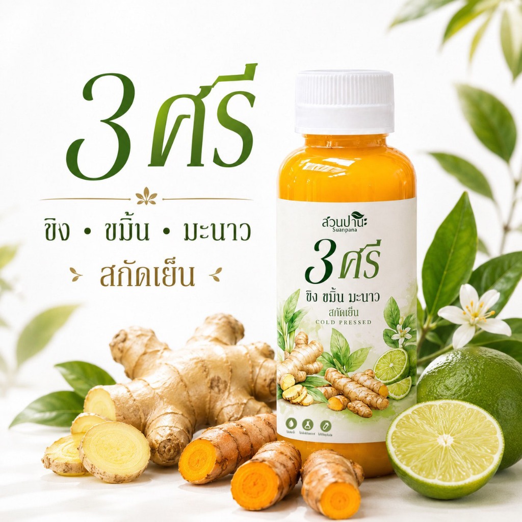 3 ศรี "Golden Wellness Shot" สูตรสกัดเย็นเข้มข้น (ขิง + ขมิ้น + มะนาวสด) ขนาด 30 มล.