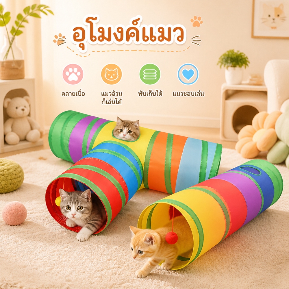 ของเล่นแมว อุโมงค์แมว อุโมงค์3ทางสำหรับสัตว์เลี้ยงพับ สีสันสดใส