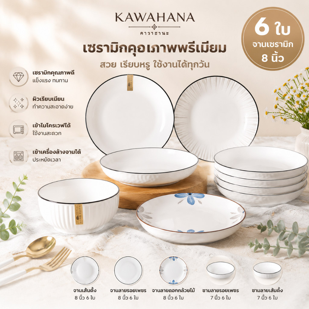 Kawahana รวมทุกลาย จานเซรามิกญี่ปุ่น แบบจัดเซ็ต 6 ชิ้น ราคาถูก คุณภาพดีเยี่ยม เข้าไมโครเวฟได้