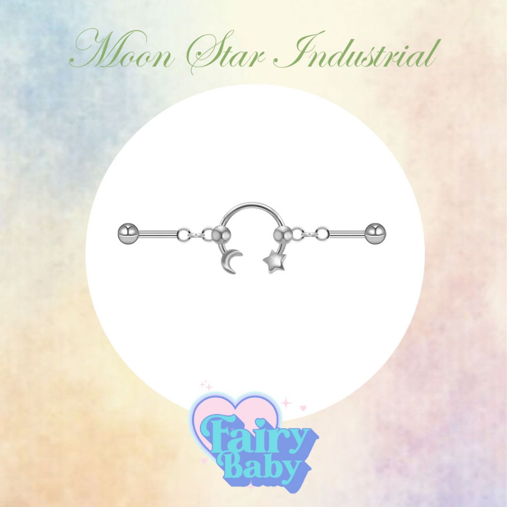 Fairybaby จิว ดามหู Moon Star Industrial (1 ชิ้น) จิว ดามหู น่ารัก น้องดวงจันทร์ ดาว ตุ้งติ้ง หนา1.2 mm (J5-003)