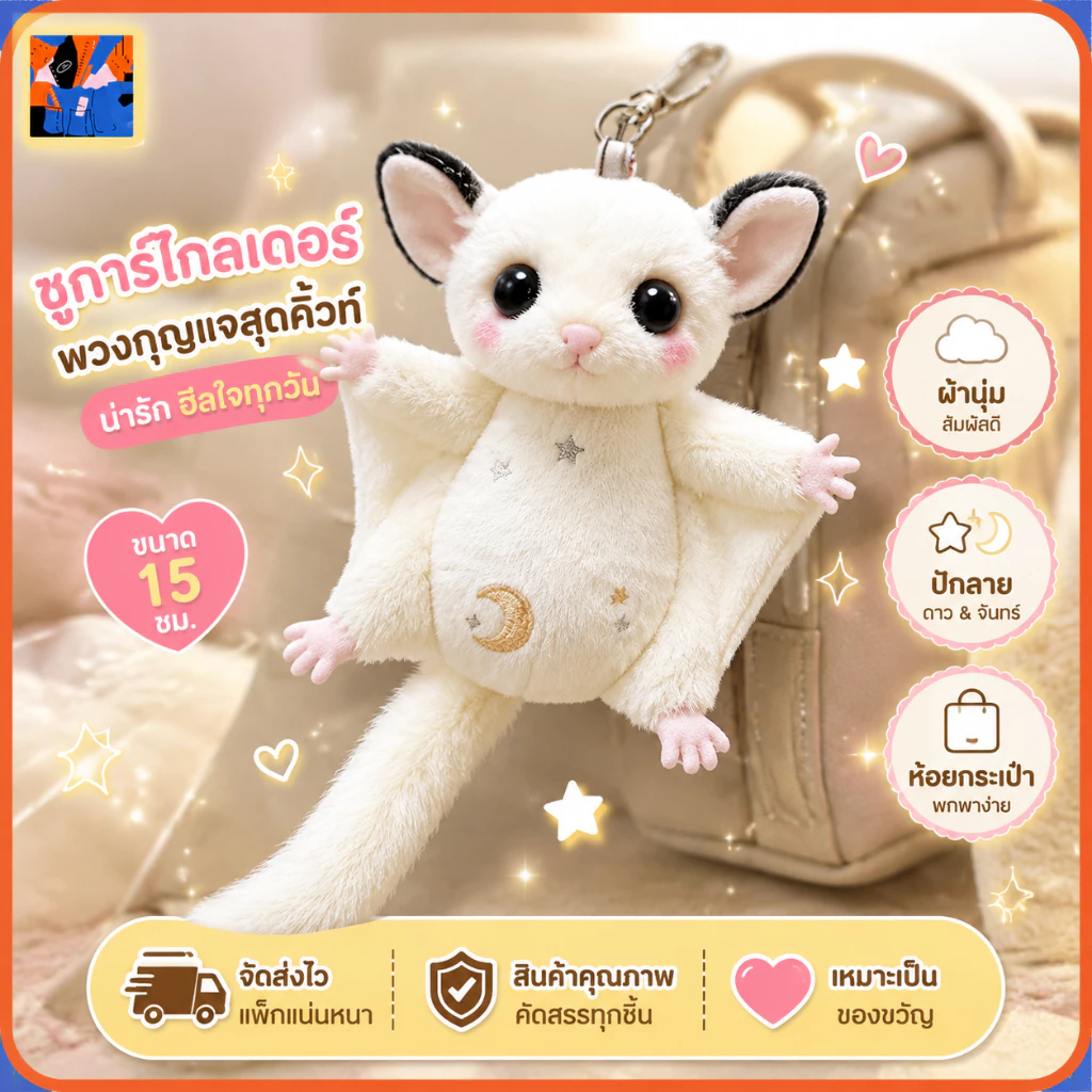 พวงกุญแจตุ๊กตาน่ารัก ชูการ์ไกลเดอร์ 15ซม. ห้อยกระเป๋า สายคิ้วท์ ผ้านุ่ม ไม่หลุดขน ของขวัญสุดฮิต