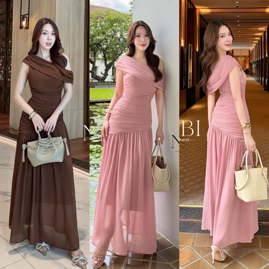 📌📌 พร้อมส่ง 🏷️NABI #B-91524 เดรสยาวดีไซน์ไหล่เฉียง เดรสปาดไหล่ ชุดออกงาน ชุดราตรี เรียบหรู ไปงานแต่ง