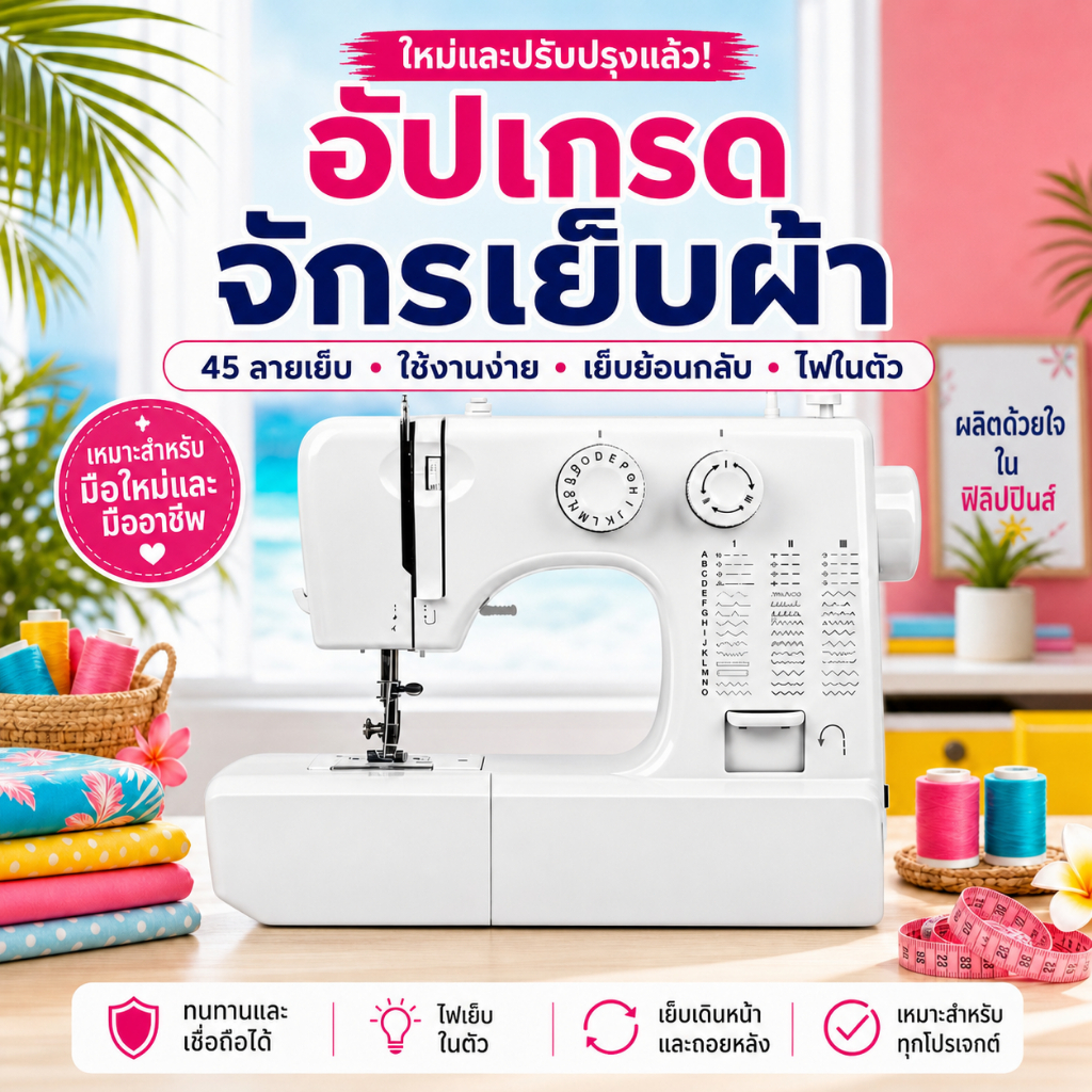 🎨818🎨 จักรเย็บผ้าพกพาไฟฟ้ารุ่นอัพเกรด 45ลายเย็บ มีไฟLED เย็บผ้าหนา4-6ชั้นได้ ระบบ2ความเร็วสำหรับบ้าน