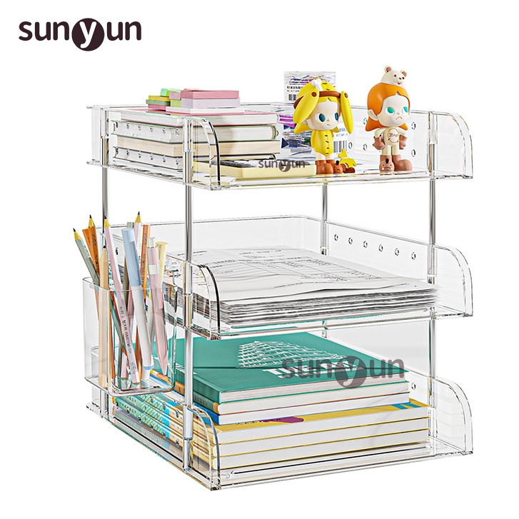 ชั้นวางเครื่องเขียน การจัดเก็บหนังสือและเอกสาร ชั้นวางของบนโต๊ะ กล่องเก็บของตั้งโต๊ะสำหรับนักเรียน ที่ใส่ปากกาแบบใส