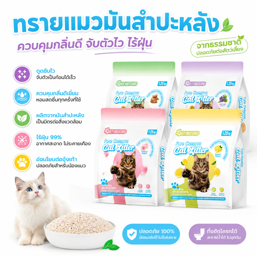 PetClear ทรายแมวมันสำปะหลัง 1.25kg ไร้ฝุ่น 99.9% ดับกลิ่นขั้นสุด ทิ้งชักโครกได้ ไม่ตัน