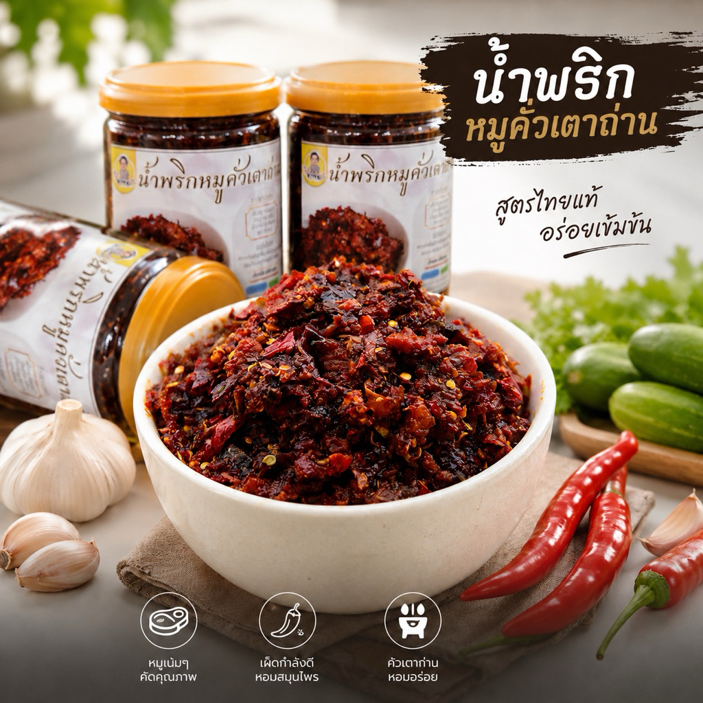 น้ำพริกหมูคั่วเตาถ่าน  เนื้อหมูแน่นๆ กลิ่นหอมเครื่องจากการคั่วด้วยเตาถ่าน รสชาติเปรี้ยวหวาน เผ็ดกำลังดี ขนาด 280 กรัม