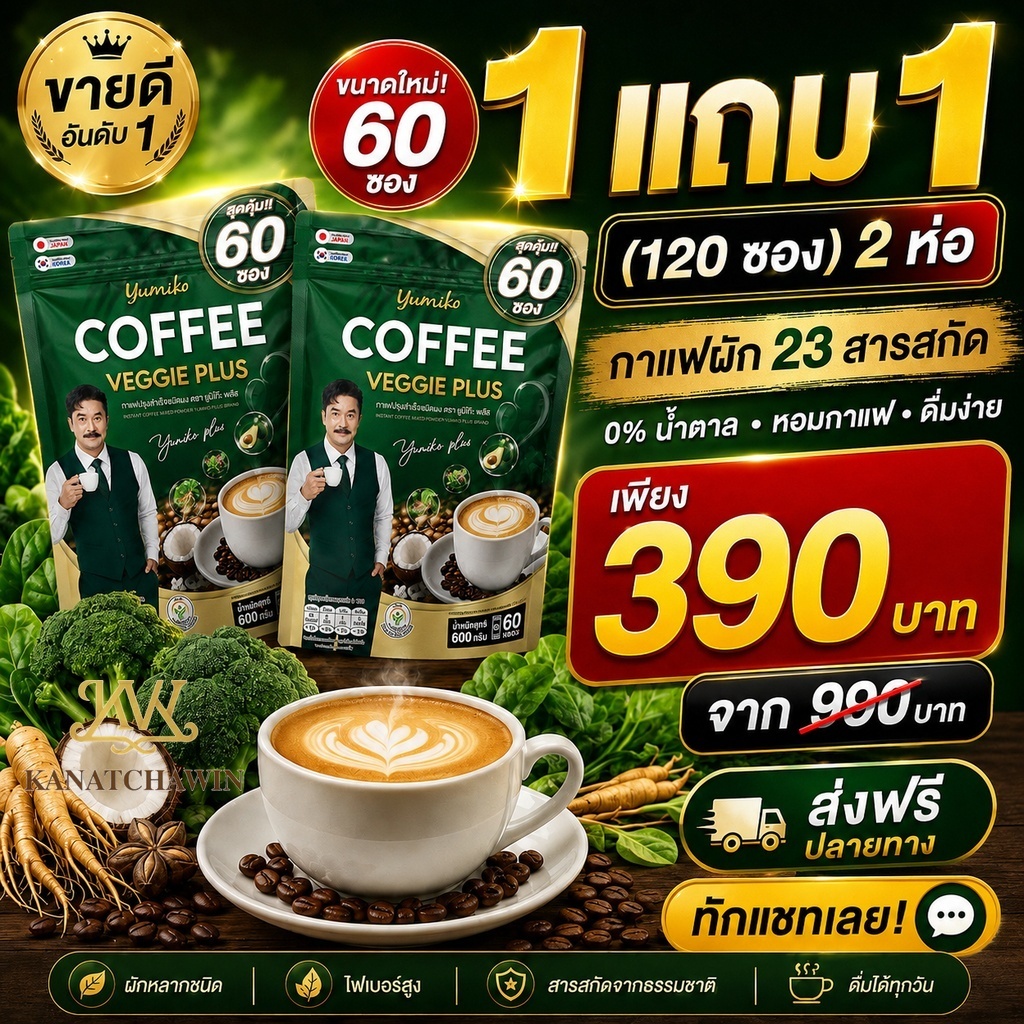 Yumiko กาแฟผัก คลอโรฟิลล์ Veggie Coffee สูตรเข้ม เพื่อสุขภาพ ขับถ่าย คุมหิว อิ่มนาน 1ห่อ/60ซอง