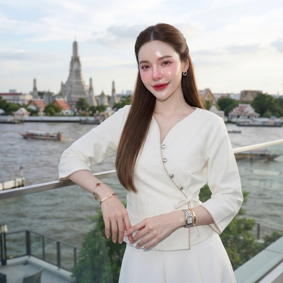 HOMJAI - เสื้อแขนยาวป้ายติดกระดุมมุก (รุ่นป้ายเจ้านาง) เสื้อผ้าไทยผู้หญิง ผ้าฝ้ายชินมัย ทรงสวยใส่สวยมากค่ะ