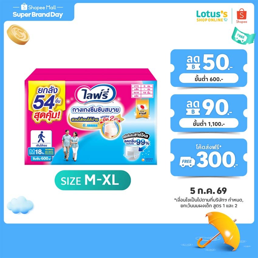 ไลฟ์รี่ กางเกงซึมซับสบาย ไซส์ M-XL 2+1 แพ็ค LIFREE LIGHT PANTS SIZE M-XL CARTON 2+1 PACK