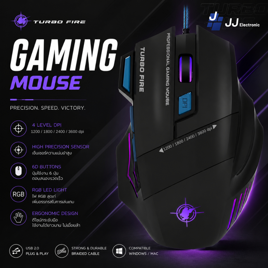 เมาส์เกมมิ่ง RGB Gaming Mouse รุ่น MS-7 ปรับ DPI ได้ 4 ระดับ สูงสุด 3600 DPI เมาส์เกมมิ่ง มีปุ่มด้าน