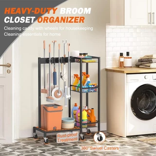 💚ราวแขวนอุปกรณ์ทำความสะอาดแบบมีล้ออเนกประสงค์💚ราวแขวนอุปกรณ์ทำสวน ที่แขวนไม้กวาด เหมาะสำหรับห้องซักรีด โรงรถ ระเบียง