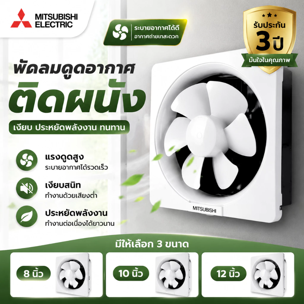 พัดลมดูดอากาศติดผนัง 8/10/12 นิ้ว พัดลมระบายอากาศ พัดลมดูดควัน แบบบานเกล็ด 220V เสียงเงียบ รับประกัน 3 ปี