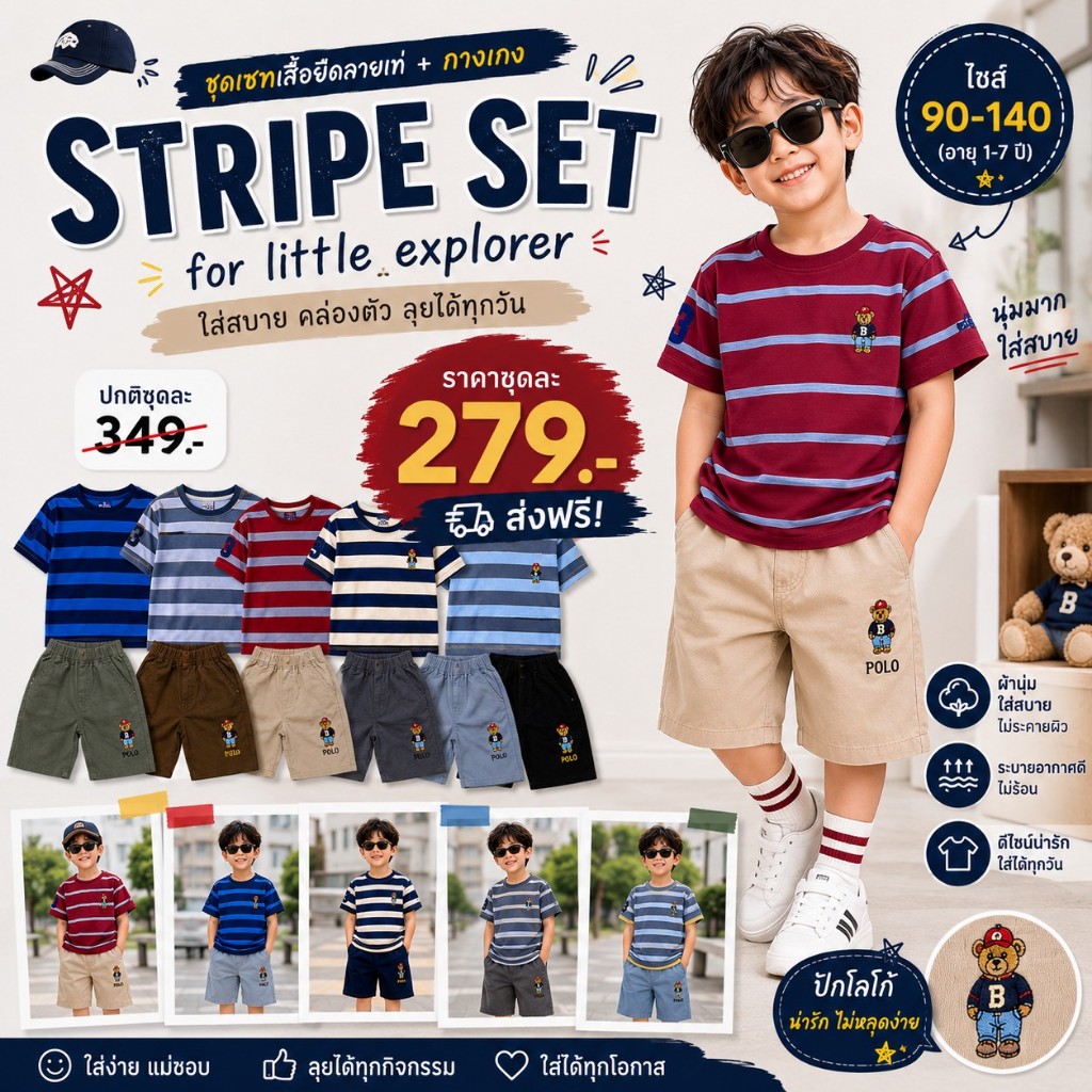 ชุดเซทเสื้อคอกลมลายคู่กางเกงสามส่วนปักหมีใหญ่ สีสวย งานปักแน่นๆ ลายเกร๋ไม่ซ้ำใคร เหมาะสำหรับเด็กอายุ 1-7 ปี