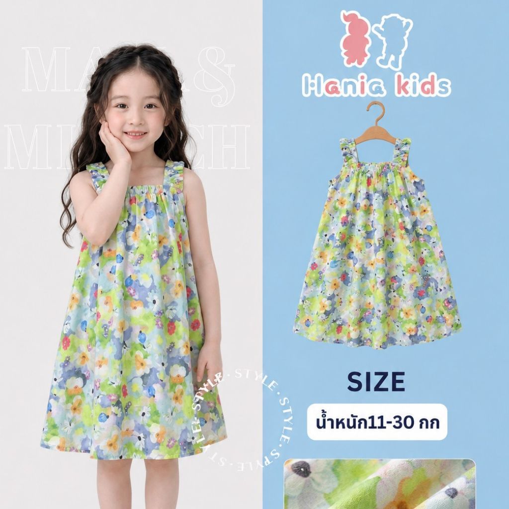 Hania Kids พร้อมส่ง ชุดเด็กผู้หญิง พร้อมส่ง ชุดเดรสแขนกุดลายดอกไม้ K4125220